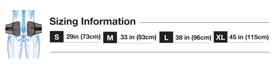 Guardner Belt size chart: S 29in (73cm), M 33in (83cm), L 38in (96cm), XL 45in (115cm)